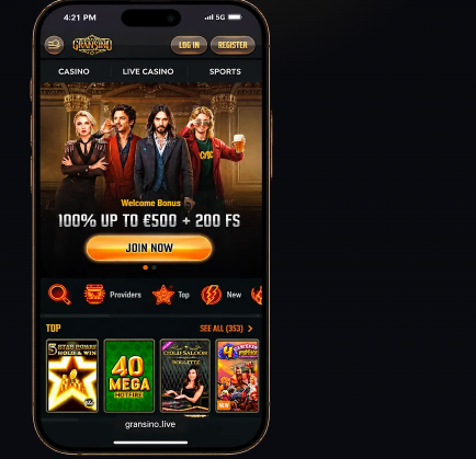 Gransino Casino op een smartphone met de welkomstbonus en de spellobby