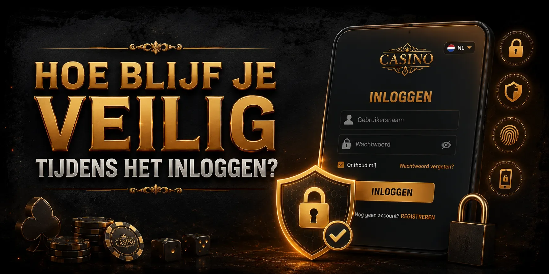 Veilig inloggen bij Gransino Casino met schild, slot en vingerafdruk